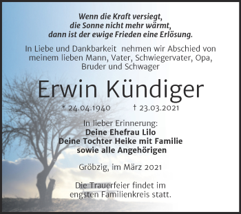 Traueranzeige von Erwin Kündiger von Mitteldeutsche Zeitung Köthen