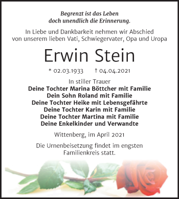 Traueranzeige von Erwin Stein von Mitteldeutsche Zeitung Wittenberg