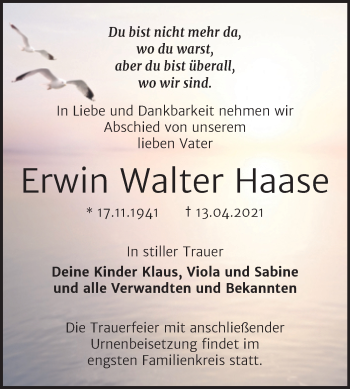 Traueranzeige von Erwin Walter Haase von Mitteldeutsche Zeitung Wittenberg