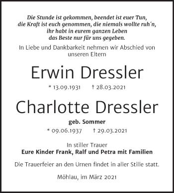 Traueranzeige von Erwin und Charlotte Dressler von Mitteldeutsche Zeitung Wittenberg