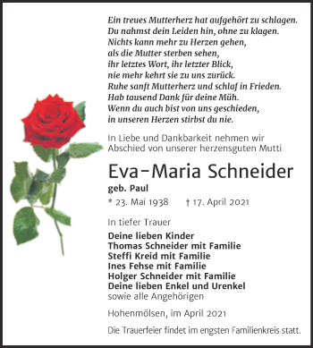 Traueranzeige von Eva-Maria Schneider von Mitteldeutsche Zeitung Weißenfels