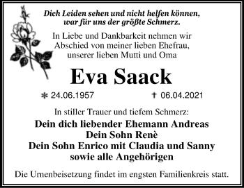Traueranzeige von Eva Saack von Mitteldeutsche Zeitung Dessau-Roßlau