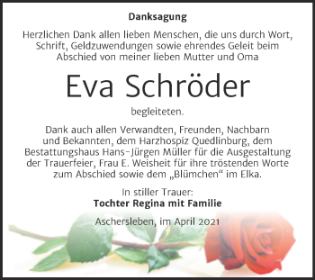 Traueranzeige von Eva Schröder von Mitteldeutsche Zeitung Aschersleben