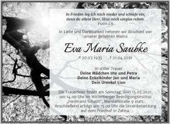 Traueranzeige von Eva Maria Saubke von Trauerkombi Wittenberg