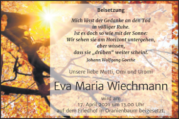 Traueranzeige von Eva Maria Wiechmann von Mitteldeutsche Zeitung Wittenberg