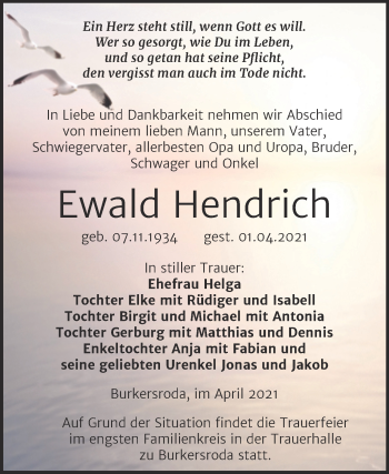 Traueranzeige von Ewald Hendrich von Mitteldeutsche Zeitung Naumburg/Nebra