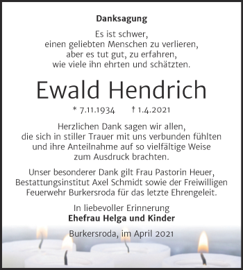 Traueranzeige von Ewald Hendrich von Wochenspiegel Naumburg/Nebra