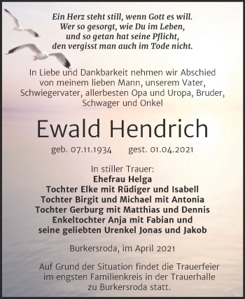 Traueranzeige von Ewald Hendrich von Wochenspiegel Naumburg/Nebra