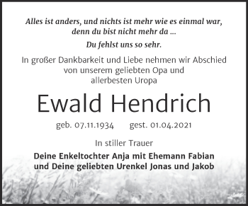 Traueranzeige von Ewald Hendrich von Mitteldeutsche Zeitung Naumburg/Nebra