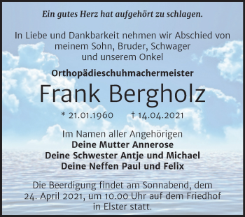 Traueranzeige von Frank Bergholz von Mitteldeutsche Zeitung Wittenberg