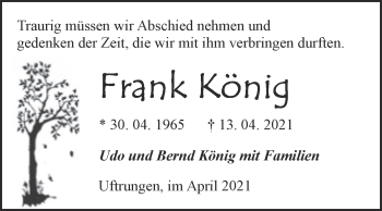 Traueranzeige von Frank König von Mitteldeutsche Zeitung Sangerhausen