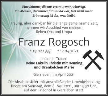 Traueranzeige von Franz Rogosch von Mitteldeutsche Zeitung Aschersleben
