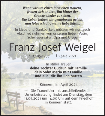 Traueranzeige von Franz Josef Weigel von Trauerkombi Bernburg