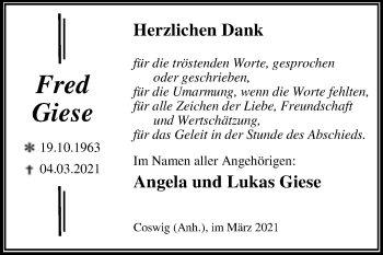 Traueranzeige von Fred Giese von Mitteldeutsche Zeitung Wittenberg