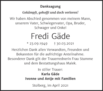 Traueranzeige von Fredi Gäde von Mitteldeutsche Zeitung Sangerhausen
