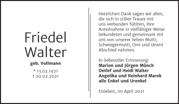 Traueranzeige von Friedel Walter von Trauerkombi Mansfelder Land