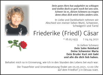 Traueranzeige von Friederike Cäsar von Mitteldeutsche Zeitung Dessau-Roßlau