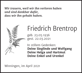 Traueranzeige von Friedrich Brentrop von Mitteldeutsche Zeitung Aschersleben