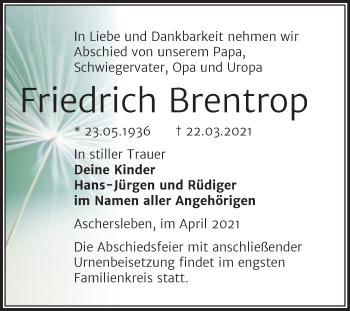 Traueranzeige von Friedrich Brentrop von Mitteldeutsche Zeitung Aschersleben