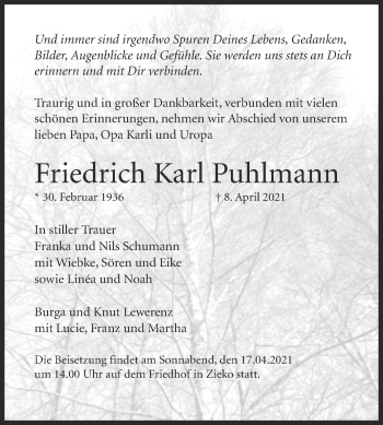 Traueranzeige von Friedrich Karl Puhlmann von Mitteldeutsche Zeitung
