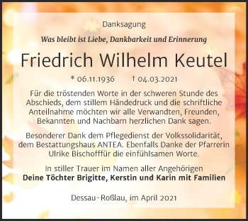 Traueranzeige von Friedrich Wilhelm Keutel von Mitteldeutsche Zeitung Dessau-Roßlau