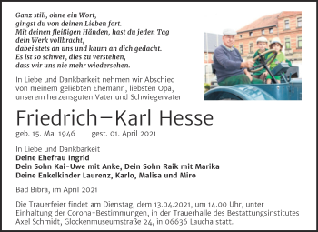Traueranzeige von Friedrich–Karl Hesse von Mitteldeutsche Zeitung Naumburg/Nebra