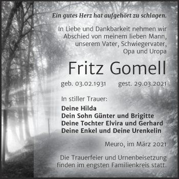 Traueranzeige von Fritz Gomell von Mitteldeutsche Zeitung Wittenberg