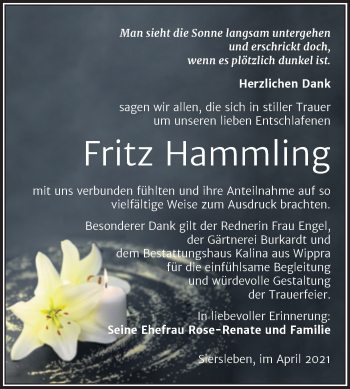 Traueranzeige von Fritz Hammling von Mitteldeutsche Zeitung Mansfelder Land