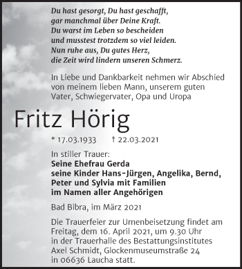 Traueranzeige von Fritz Hörig von Super Sonntag Naumburg/Nebra