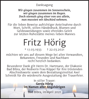 Traueranzeige von Fritz Hörig von Super Sonntag Naumburg/Nebra