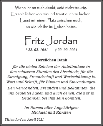 Traueranzeige von Fritz Jordan von Trauerkombi Sangerhausen