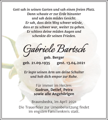 Traueranzeige von Gabriele Bartsch von Trauerkombi Merseburg