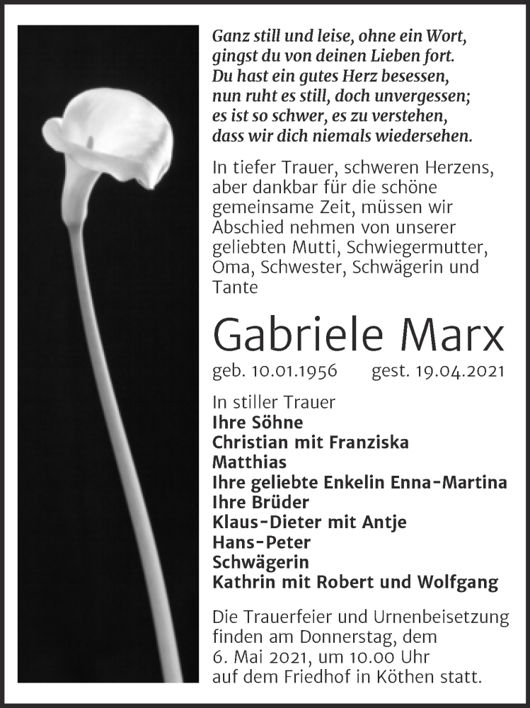  Traueranzeige für Gabriele Marx vom 27.04.2021 aus Trauerkombi Köthen