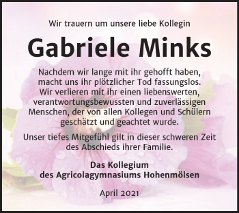 Traueranzeige von Gabriele Minks von Mitteldeutsche Zeitung Weißenfels