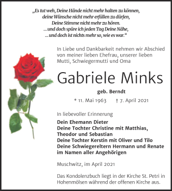 Traueranzeige von Gabriele Minks von Mitteldeutsche Zeitung Weißenfels