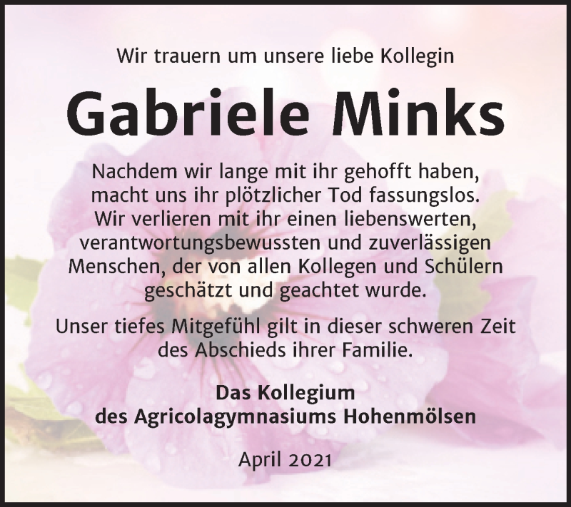  Traueranzeige für Gabriele Minks vom 24.04.2021 aus Mitteldeutsche Zeitung Weißenfels
