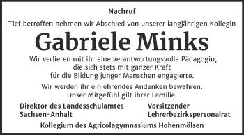 Traueranzeige von Gabriele Minks von Mitteldeutsche Zeitung Weißenfels