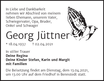 Traueranzeige von Georg Jüttner von Mitteldeutsche Zeitung Halle/Saalkreis