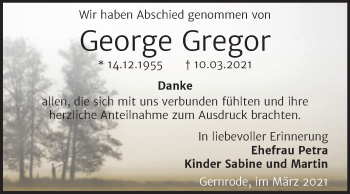 Traueranzeige von George Gregor von Mitteldeutsche Zeitung Quedlingburg