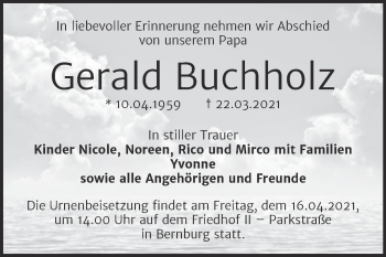 Traueranzeige von Gerald Buchholz von Mitteldeutsche Zeitung Bernburg