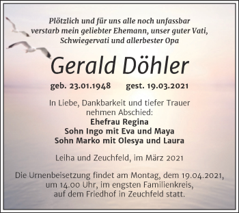 Traueranzeige von Gerald Döhler von Mitteldeutsche Zeitung Merseburg/Querfurt