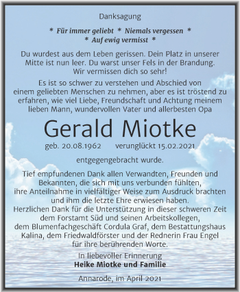 Traueranzeige von Gerald Miotke von Mitteldeutsche Zeitung Mansfelder Land