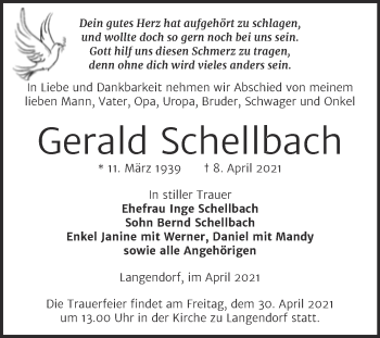 Traueranzeige von Gerald Schellbach von Mitteldeutsche Zeitung Zeitz