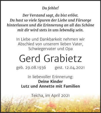 Traueranzeige von Gerd Grabietz von Mitteldeutsche Zeitung Halle/Saalkreis