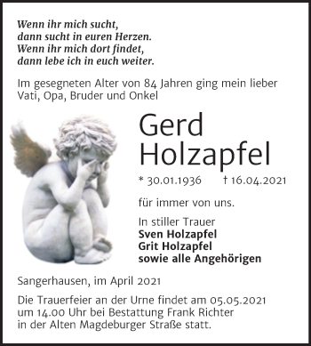 Traueranzeige von Gerd Holzapfel von Trauerkombi Sangerhausen