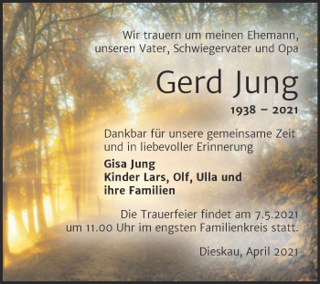 Traueranzeige von Gerd Jung von Mitteldeutsche Zeitung Halle/Saalkreis
