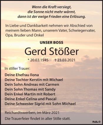Traueranzeige von Gerd Stößer von Mitteldeutsche Zeitung Weißenfels
