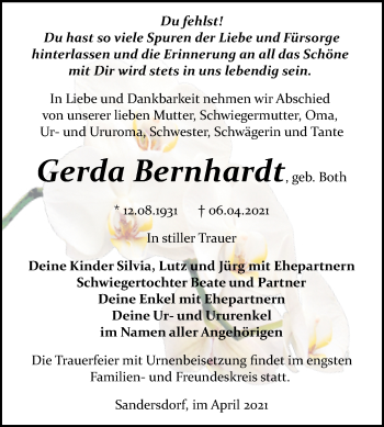 Traueranzeige von Gerda Bernhardt von Mitteldeutsche Zeitung Bitterfeld