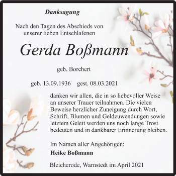 Traueranzeige von Gerda Boßmann von Mitteldeutsche Zeitung Quedlingburg