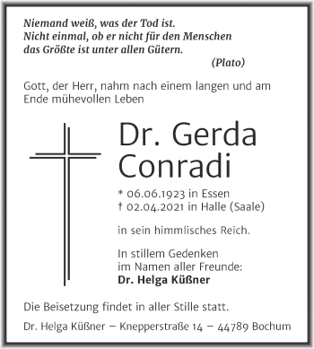 Traueranzeige von Gerda Conradi von Mitteldeutsche Zeitung Halle/Saalkreis
